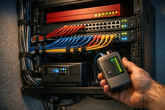 A neatly organized office network rack with color-coded cables and a cable tester