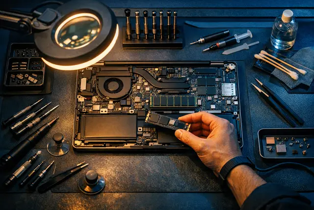 A technician installing a solid-state drive in an opened laptop on a tidy workbench