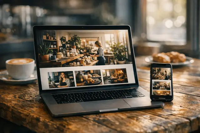 A laptop and phone showing a small business website on a coffee shop counter